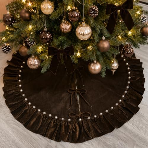 Dark Brown Velvet Christmas Tree Skirt, 60 Inch Christmas Tree Skirt with Ruffled Edge and Pearl Trim - Image 3