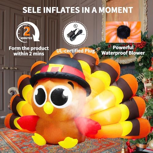 8 FT Thanksgiving Inflatables Turkey Outdoor Decorations Blow Ups Outside, Turkey Baby with Big Tail Pilgrim Hat Built-in LED Lights Yard Decor for Indoor Party Garden Lawn Fall Holiday - Image 5