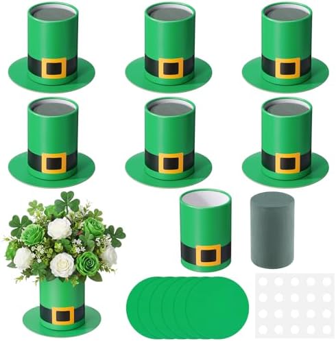 Remerry 6 Set 5 Inch St. Patrick's Day Hat Vase Table Centerpiece Green High Top Hat Buckle Round Flower Box with Paper Removable Foam Green Vase for Irish Wedding Holder Kitchen Home Party Decoration by Remerry