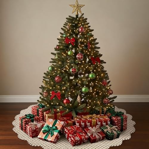 MiniInflat Quilted Christmas Tree Skirt - Vintage Floral Block Print Christmas Tree Skirt with Scalloped Edge Thicken Cotton for Home Decorations Holiday Party Gift(60 Inch,Plaid Floral,Green) - Image 7