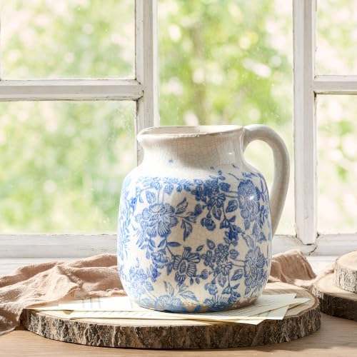 Ceramic Flower Vase, Vintage Utensil Holder, Blue and White Decorative Vase Chinoiserie Decor Rustic Farmhouse Retro Floral Vases for Table Bookshelf Mantel Kitchen Living Room Office - 6.7” Blue 016 - Image 4
