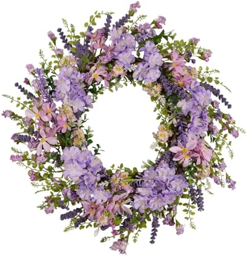 Purple Hydrangea Wreath for Front Door, 22 Inch Spring Wreath with Lavender & Artificial Flowers, Berry and Grain Accents, Rustic Farmhouse Floral Wreath for Outdoor Porch Indoor Home Decor by wwmira