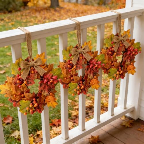 6 Pcs Small Fall Hanging Wreaths with Artificial Autumn Maple Oak Leaves Red Orange Berry Clusters Mini Cabinet Wreath for Home Table Centerpieces Kitchen Farmhouse Thanksgiving Party Decor - Image 3