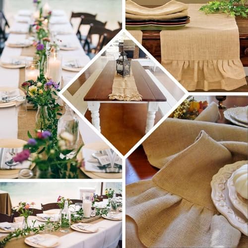 Efavormart 5 PCS Natural Ruffled Burlap Rustic Table Runner | Jute Linen Tabletop Decor | 14"x108" - Image 5