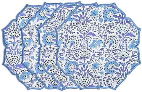 CPC Indigo Blue Block Print Cotton Floral Placemat 15x15 Inch, Set of 4 by COTTONPRINTCLUB