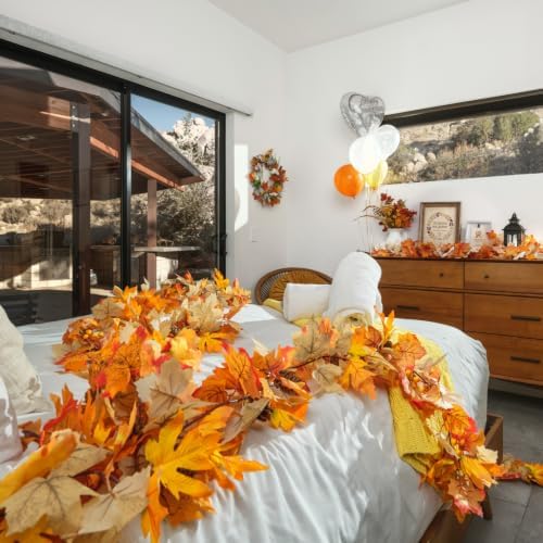 CQURE 2 Pack Fall Garland with Lights, Artificial Autumn Maple Leaves Vines with LED Lights Thanksgiving Halloween Harvest Decor for Fireplace Mantle Table Indoor Outdoor - Image 4