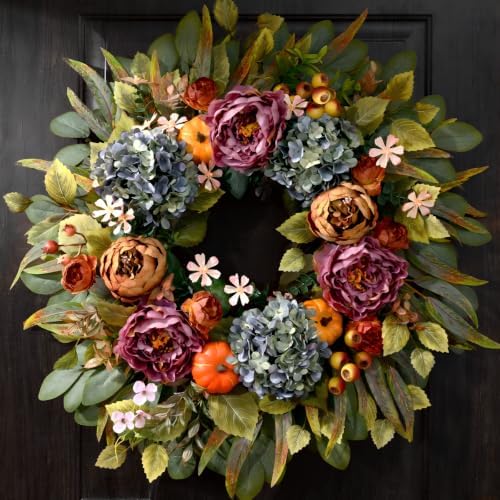 26" Fall Wreaths for Front Door, Peony Hydrangea Pumpkins Wreath by Waipfaru