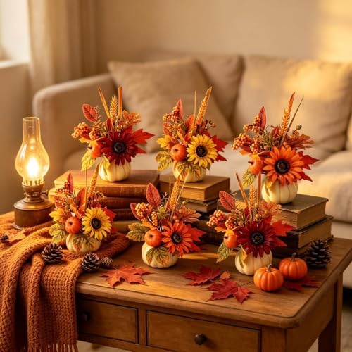 YLOLUL 6 Set Mini Fall Pumpkin with Artificial Flower Decorations Thanksgiving Sunflower Centerpieces for Tables Harvest Fall Table Floral Decor Autumn Fireplace Mantle Living Room Home Kitchen Party - Image 6