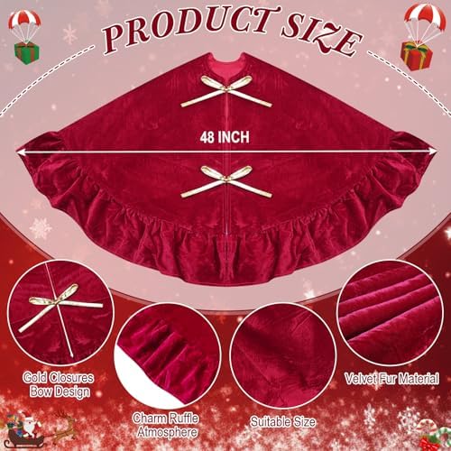48 Inches Velvet Christmas Tree Skirt Decorations Red Wine Luxury Xmas Fur Plush Skirts for Merry Christmas Party Rustic Vintage Holiday Home Winter - Image 2