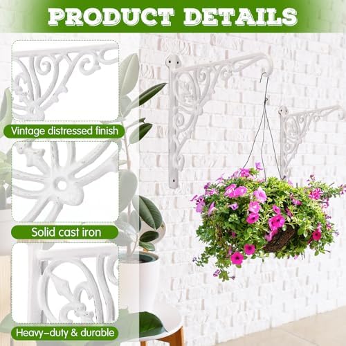 2 Pack Cast Iron Hanging Plant Bracket 12" Outdoor Wall Plant Hangers Hooks Heavy Duty Hanging Bracket Hooks Vintage Decorative Wall Hangers for Pots Bird Feeder Wind Chime Lantern (White) - Image 3