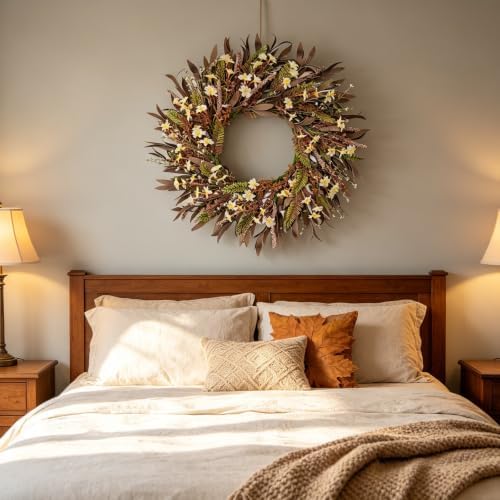 Handmade Autumn Harvest Wreath, 22" Fall Wreath with Faux Eucalyptus and Cream Berries, Thanksgiving Wreaths for Front Door Porch, Farmhouse Decor for Indoor Outdoor - Image 6
