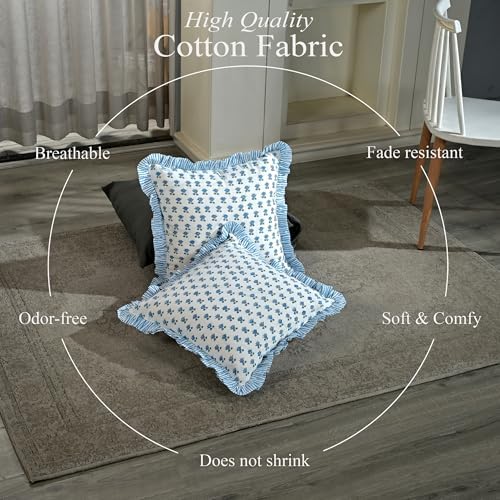 CPC Arctic Blue Hand Block Print 100% Cotton Ruffle Throw Pillow Cover 18x18 inch with Hidden Zipper Decorative for Couch, Bed, Sofa, Farmhouse, Cottagecore Decor Gift Christmas Fall Thanksgiving - Image 3