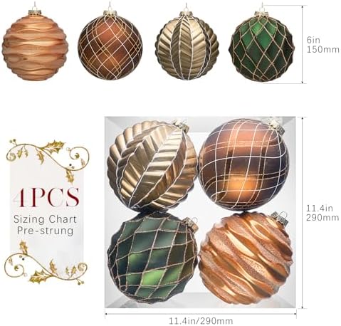 JORNOY Christmas Balls Ornaments Set, 6 inch/150mm Extra Large Shatterproof Plastic Hanging Bulbs for Xmas Tree Decorations Holiday Party with String, 4 Pack-Earth Tone - Image 4