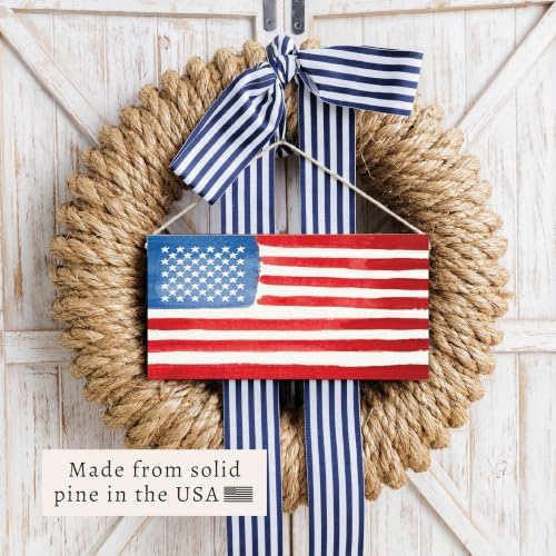 Rustic Marlin Watercolor American Flag Twine Sign Patriotic Farmhouse Barnwood Wall Decor Wooden Hanging Sign for Front Door Entryway Living Room Americana Home Decor - Image 4