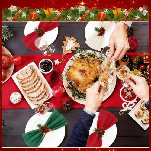 LemonRoad 36 Pcs Cloth Napkins and Napkin Ring Holders, Reusable Fabric for Table Decor Banquet Holiday Dinner Party Supply(Red, Dark Green,White,Christmas) - Image 5