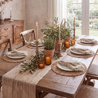 Frienda 6 Pcs Boho Woven Placemat Set with Runner, Napkin Rings, Beige - Image 4