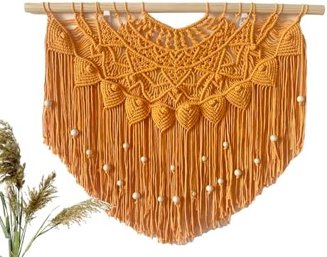 Youngeast Large Macrame Wall Hanging Boho Beaded Curtain for Window Macrame Bedroom Headboard Living Room Wall Art Tassel Tapestry Bohemian Woven Wall Decor 31" W X 25" H (Orange) by Unknown