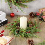 18 Pcs Artificial Christmas Candle Rings 9 Inch Cedar Pine Garland Wreaths with Red Berries Pinecones Wreaths Pine Needles Candle Ring Holder for Christmas Winter Decorations Table Centerpiece - Image 2