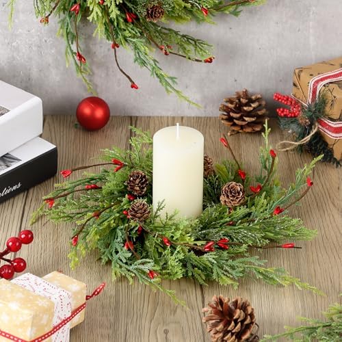 18 Pcs Artificial Christmas Candle Rings 9 Inch Cedar Pine Garland Wreaths with Red Berries Pinecones Wreaths Pine Needles Candle Ring Holder for Christmas Winter Decorations Table Centerpiece - Image 2