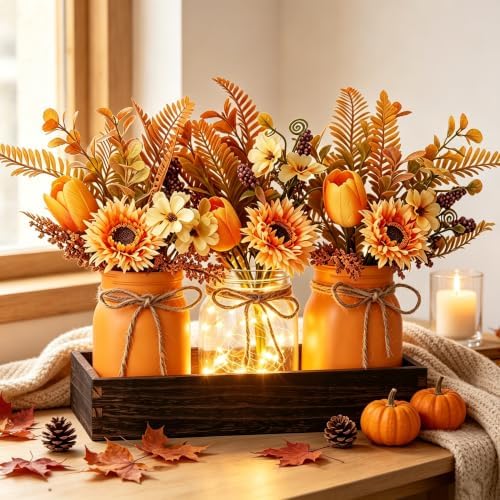Mason Jar Lights Centerpiece Table Decor-Artificial Sunflowers & Tulips - Image 3