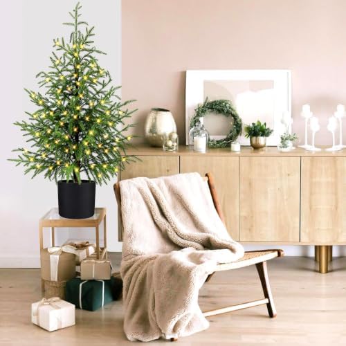 ENVEN 3FT Prelit Artificial Norfolk Pine Christmas Tree – Realistic Small Potted Tree with 50 LED Lights & 8 Lighting Mode, Battery Powered, Xmas Decor for Desktop Tabletop Display (Set of 2) - Image 3