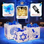 Domkom Set of 3 Hanukkah Lighted Gift Boxes,60 Led Light Up Present Box Decorations with Dreidel Menorah, White and Blue Chanukah Gift Boxes for Christmas Tree Indoor Outdoor Holiday Decor - Image 4