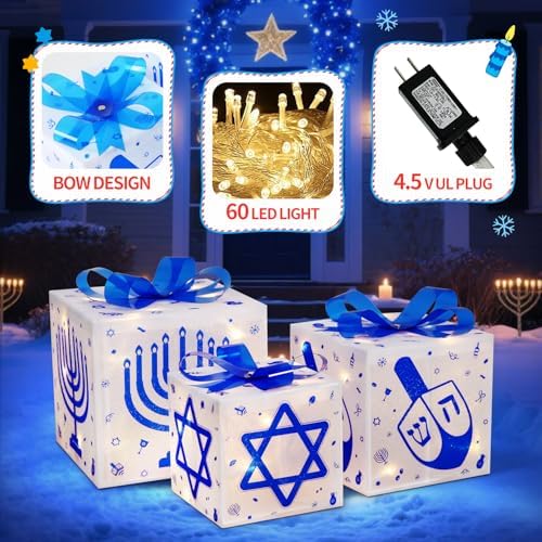 Domkom Set of 3 Hanukkah Lighted Gift Boxes,60 Led Light Up Present Box Decorations with Dreidel Menorah, White and Blue Chanukah Gift Boxes for Christmas Tree Indoor Outdoor Holiday Decor - Image 4