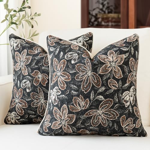 MATTINS Vintage Floral Patterned Throw Pillow Covers 20x20, Black, 2PC by MATTINS