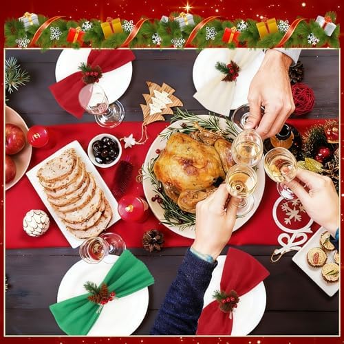 LemonRoad 36 Pcs Christmas Cloth Napkins and Napkin Ring Holders, Reusable Fabric with Pine Needle Red Fruit Napkin Rings for Xmas Table Decor, Banquet, Holiday Dinner Party, Wedding Party Supplies - Image 5
