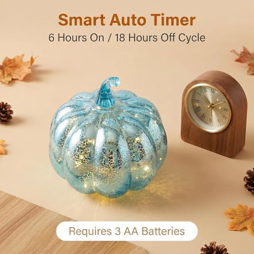Fall Decorations for Home,Mercury Glass Pumpkin Lights with Timer(Blue) - Image 5