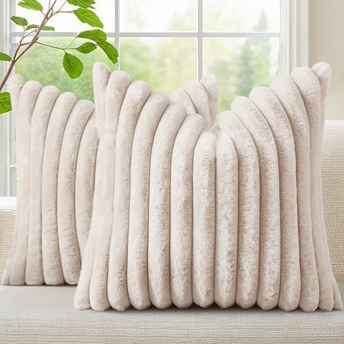 decorUhome Fall Faux Fur Throw Pillow Covers 20x20 Set of 2 Beige by decorUhome