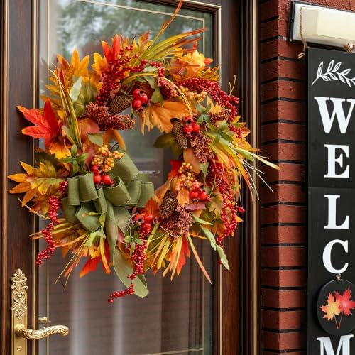 24 Inch Artificial Silk Harvest Fall Wreaths for Front Door with Green Bow - Image 2