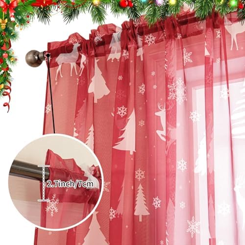 Christmas Sheer Curtains for Living Room, Xmas Print Pattern Sheer Curtain, Holiday Rod Pocket Window Drapes Decorations for Bedroom and Home Decor, 2 Panels Red 52W x 84L - Image 5