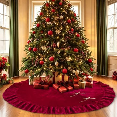 72 Inches Velvet Christmas Tree Skirt Decorations Red Luxury Xmas Fur Plush Skirts for Merry Christmas Party Rustic Vintage Holiday Home Winter by QIJISTORM