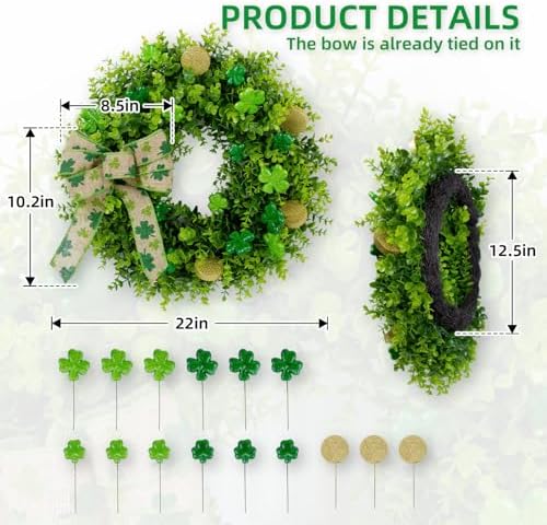 22" St Patrick's Day Wreath with Boxwood & Bow Decorations for Front Door - Image 2