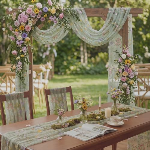 Sage Green Floral Table Runner 10ft Embroidery Tulle Spring Wildflower Table Runner Seasonal Summer Butterfly Kitchen Dining Gauze Decoration for Wedding Baby Shower Birthday Party (3 Pcs) - Image 3