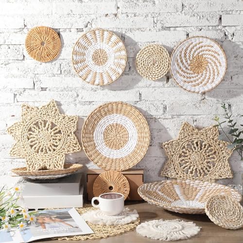 15 Pcs Boho Rattan Wall Baskets Hanging Decor, Grey White Style - Image 4