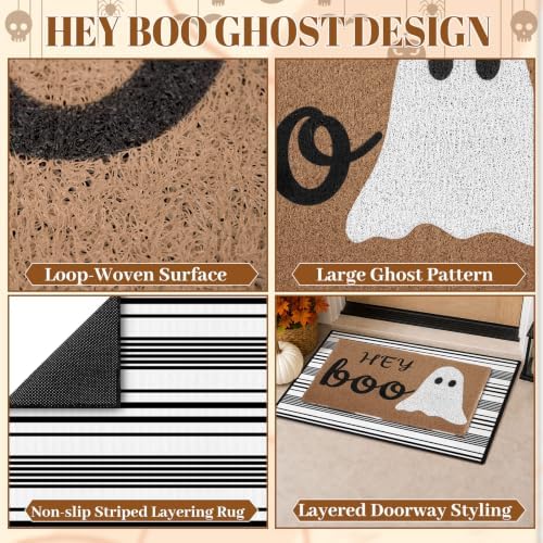 2 Pcs Hey Boo Ghost Halloween Doormats, 16 x 24 in Hey Boo Ghost Door Mat and 24 x 32 in Black White Striped Layering Rug, Fall Porch Decor for Indoor Outdoor Entryway Patio Kitchen Bathroom - Image 4