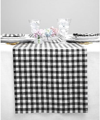 Solino Home 100% Pure Linen Table Runner Black, Gingham Check 14 x 90 in by SolinoHome