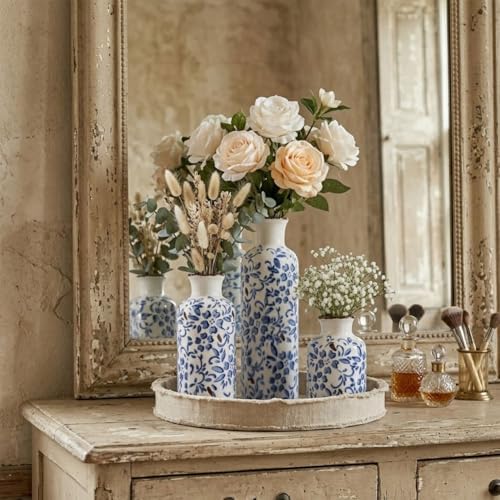 Chinoiserie Decor Ceramic Vases Set - 3 Blue and White Vase, Chinoiserie Vase Farmhouse Country, Flower Vases Home Decor, Living Room Decoration, Entrance, Fireplace, Table Decoration, Centerpieces - Image 6