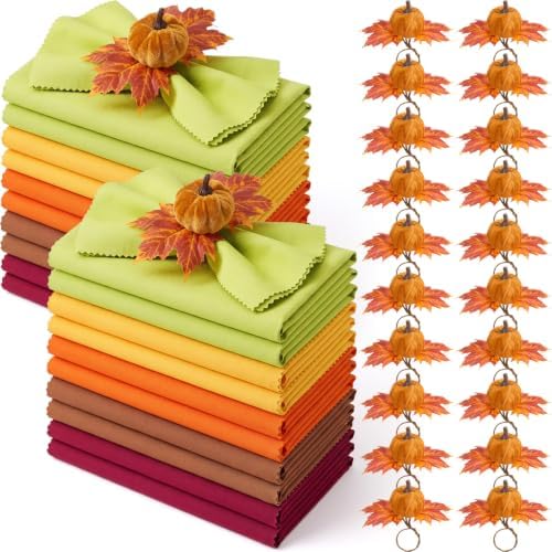 Preboun Fall Thanksgiving Cloth Napkins Set of 40 with Pumpkin Napkin Rings by Preboun