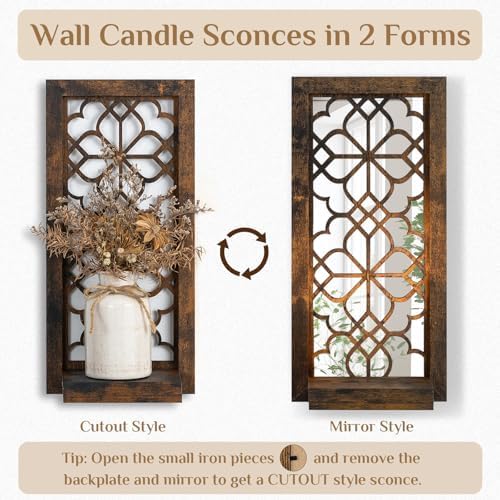 Wall Candle Holder Set of 2 with RealMirror, Distressed Brown - Image 4