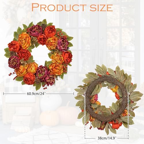 Artificial Fall Wreath, 24" Fake Peony Floral, Maple Leaves & Berries - Image 4