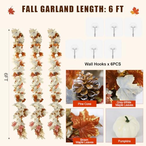 LEBALEY 3 Pack 18 FT Lighted Fall Garland for Mantel with LED Lights - Image 2
