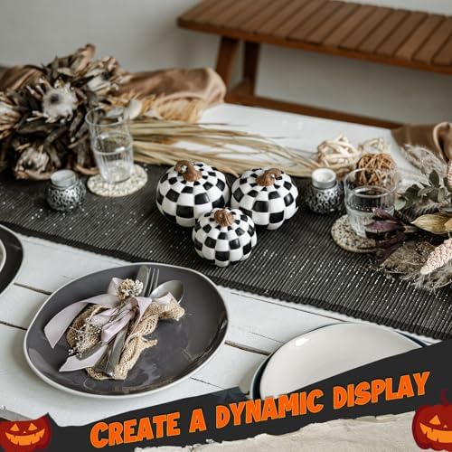 Weysat 3 Pcs Black and White Fall Pumpkins Resin Checkered Decor - Image 4