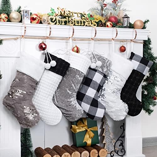 LUBOT 6 Pack Christmas Stockings Large Family Xmas Stocking Black White Gray Contrast Match Flannel Plaid Plush Sequins Hanging for Decorations Holiday by LUBOT
