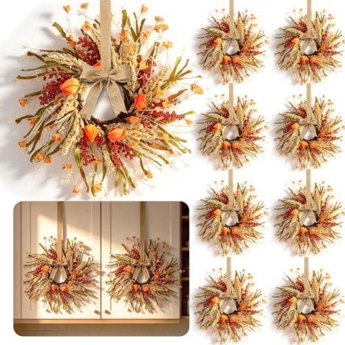 8 Pcs Mini Fall Wreaths for Kitchen Cabinet Thanksgiving Artificial Wreaths Autumn Hanging Wreath Harvest Candle Rings for Cabinets Farmhouse with Ribbon for Front Door Porch Wall Window Decoration by Unknown