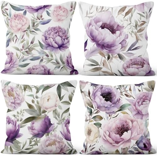 Purple Floral Throw Pillow Covers 24''x24'' Set of 4, Spring Blooming Flowers Cushion Covers Watercolor Printed Couch Pillowcases for Sofa Chair Home Bedroom Farmhouse Livingroom Patio Car by VieSavaran