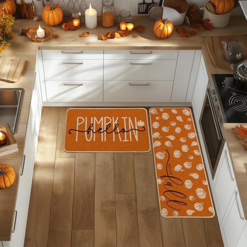 Artoid Mode Orange Hello Pumpkin Fall Kitchen Mats Set of 2 - 17x29+17x47" - Image 2