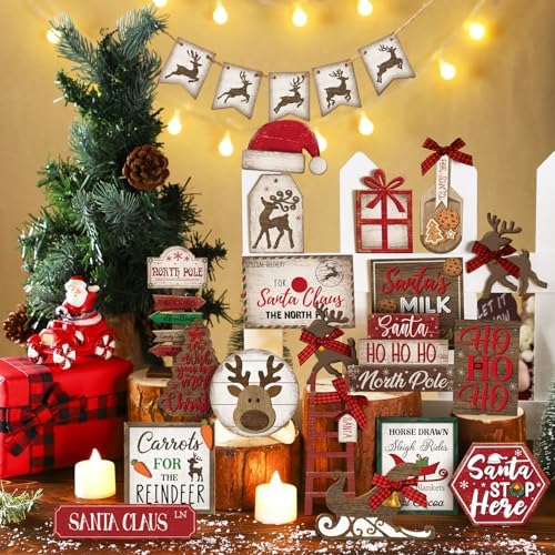 Nuogo 24 Pcs Christmas Tiered Tray Decorations Set and 2 Tiered Tray Stand With Handle - Winter Table Tabletop Snowman Decor for Home Farmhouse Hot Cocoa - Image 5